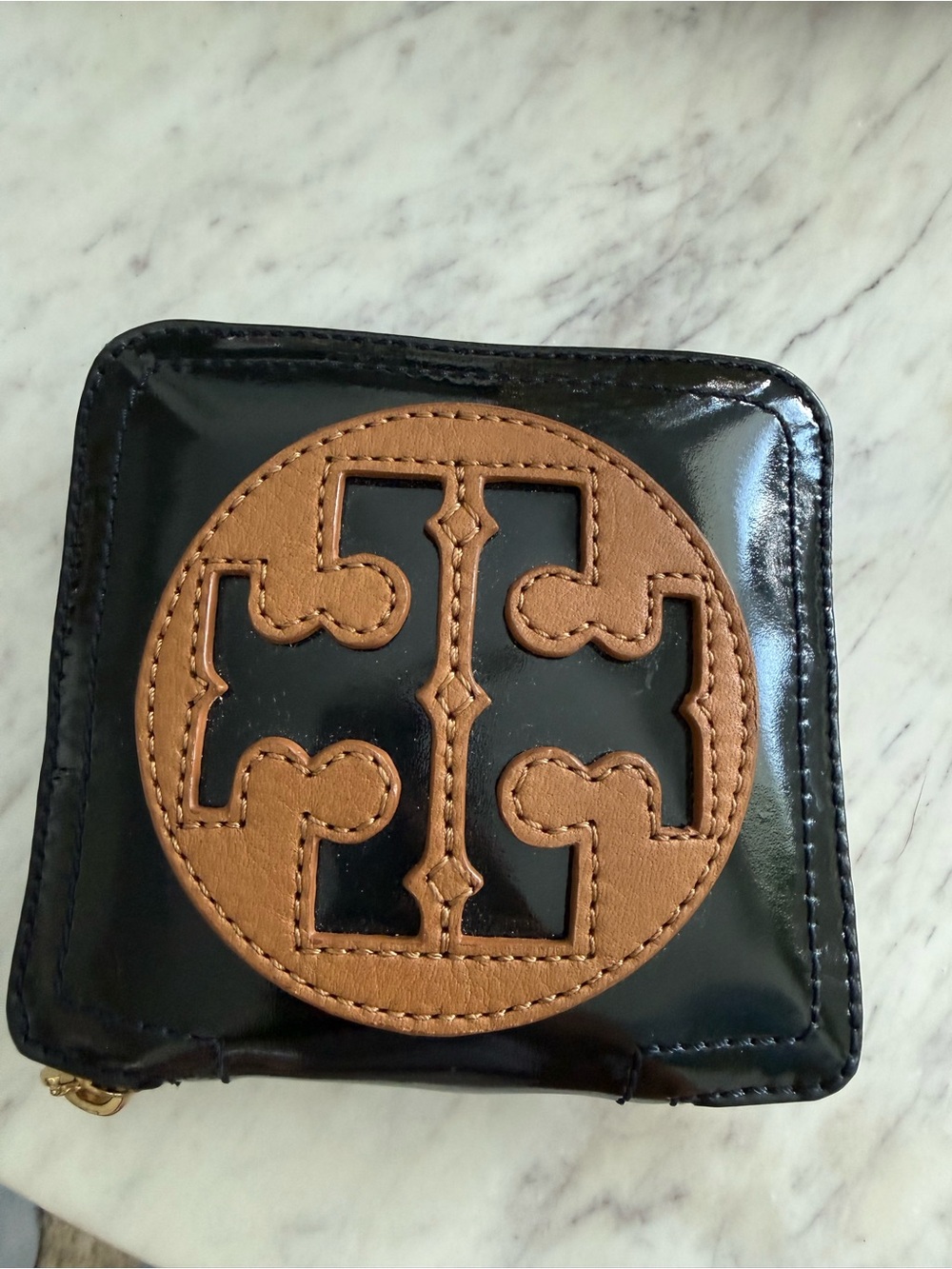 Tory Burch Black with nylon tote bag inside Tan Logo Medallion zippered wallet